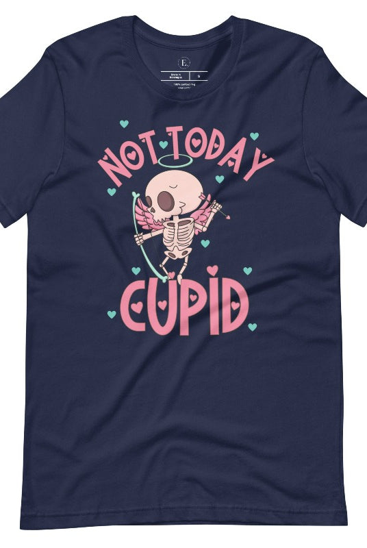 Unleash your rebellious spirit this Valentine's Day with our edgy shirt featuring a skeleton Cupid. The bold "Not Today Cupid" message adds a touch of attitude, making this tee a standout choice for those who march to the beat of their own drum on a navy shirt. 