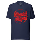 Express your Valentine's Day attitude with our bold and cheeky shirt proclaiming "Stupid Cupid" on a navy shirt. 