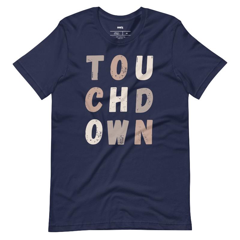 the word "TOUCHDOWN" in a stylish, distressed font with shades of brown, perfect for football fans on a navy shirt