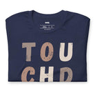 the word "TOUCHDOWN" in a stylish, distressed font with shades of brown, perfect for football fans on a navy shirt