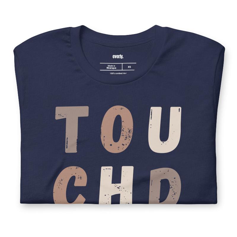 the word "TOUCHDOWN" in a stylish, distressed font with shades of brown, perfect for football fans on a navy shirt