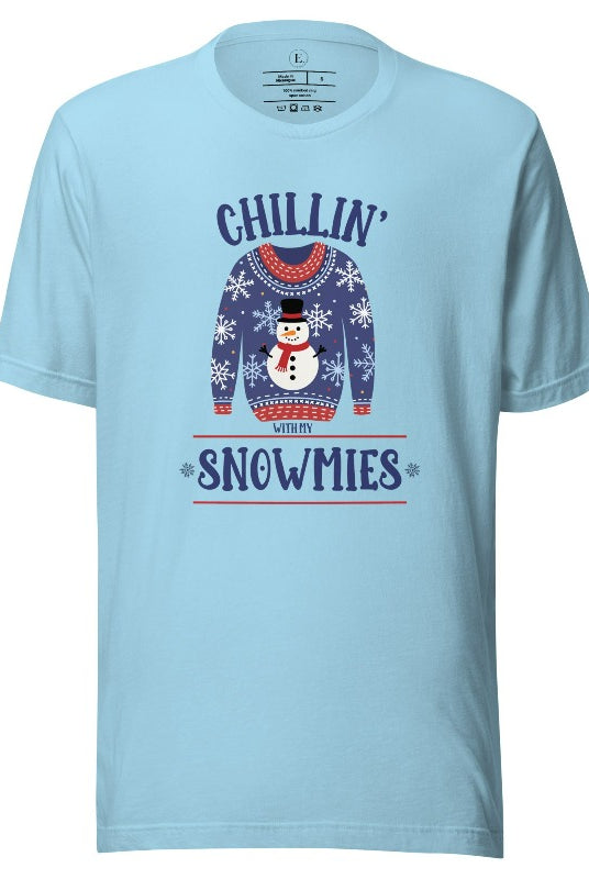 Get into the holiday spirit with our adorable Christmas sweater featuring a snowman and the playful phrase "Chillin' with my Snowmies" on ocean blue colored shirt.