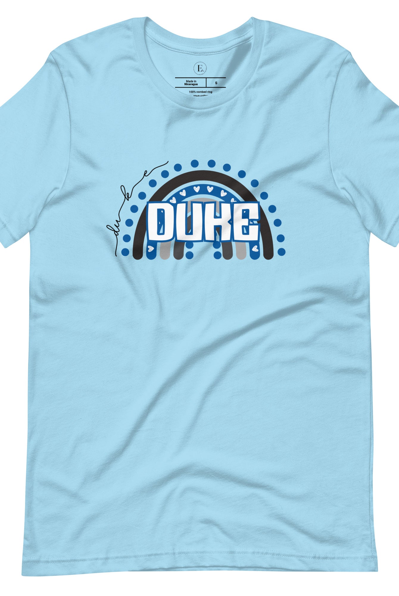 Celebrate diversity and show your support for Duke University with our eye-catching college t-shirt. Our shirt features the Duke colors on a captivating rainbow design, embodying the spirit of inclusion and unity with the iconic Duke wordmark atop the rainbow on an ocean blue shirt. 