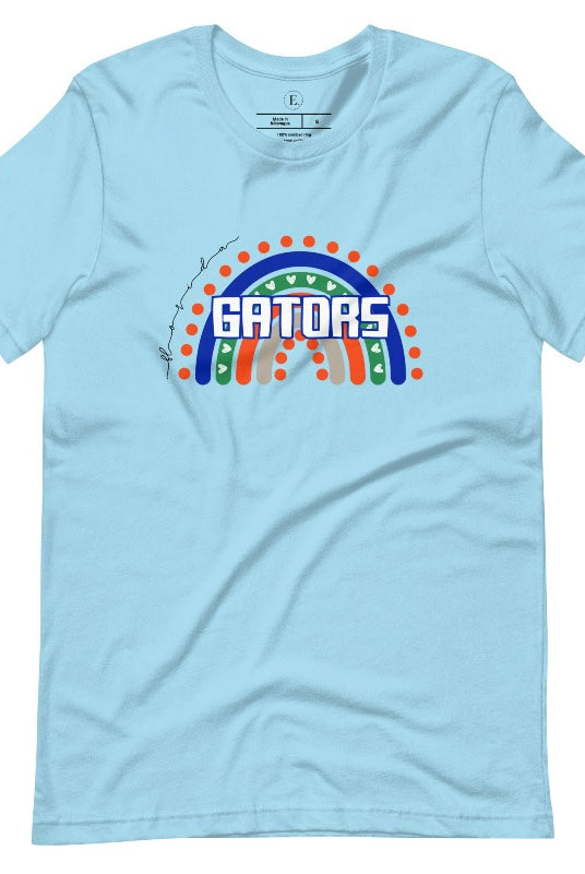 Show off your UF spirit in style with this boho-inspired t-shirt from the University of Florida. The UF colors stands out on this vibrant rainbow background, displaying the school's mascot name in a trendy and unique way on an ocean blue shirt. 