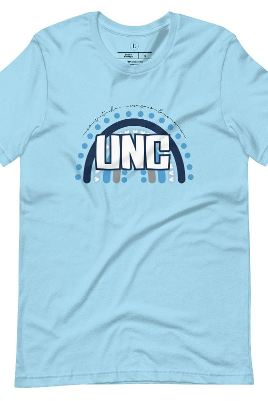 Check out this eye-catching t-shirt designed, featuring the iconic UNC letters set against a vibrant rainbow backdrop. Not only does it let you show off your school spirit, it also sends a trendy and powerful school spirit vibe on a ocean blue shirt. 