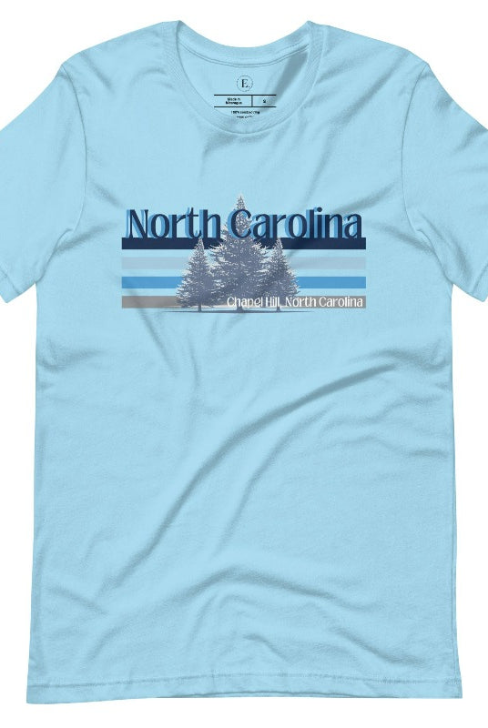 Show your school pride with this iconic North Carolina wordmark t-shirt. Made from premium materials, it features a North Carolina tree line in a the cool Carolina blue colors, representing a tradition of excellence for the nature that North Carolina offers on an ocean blue shirt. 