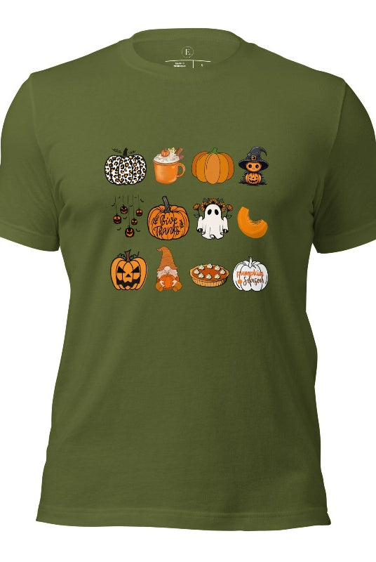 Celebrate Halloween with our captivating pumpkin-themed shirt! This design is perfect for pumpkin enthusiasts and casual wear. Let the pumpkins take center stage on an olive colored shirt. 