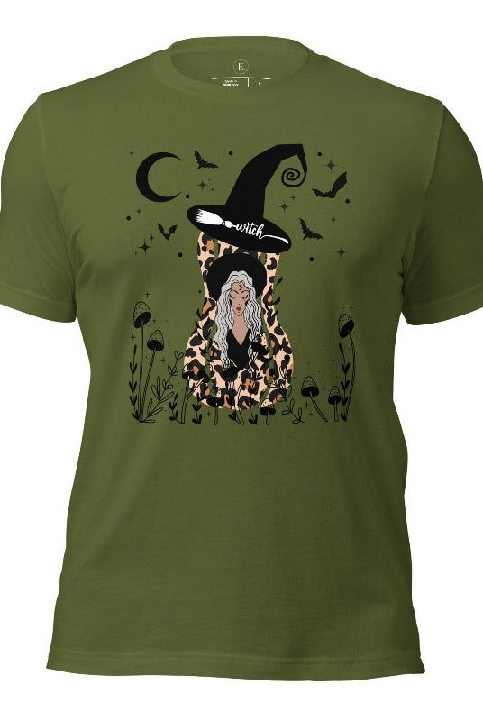 Elevate your Halloween style with our striking shirt featuring a cheetah print squash and a stylish lady donning a witch hat adorned with flowers and bats. Embrace the enchanting fusion of nature and magic on an olive green shirt. 