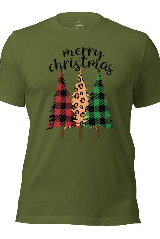 Get ready to unleash your wild side this Christmas with our unique shirt. This design is a bold and playful take on the holiday season, featuring three Christmas trees adorned with fierce cheetah print on an olive colored shirt. 