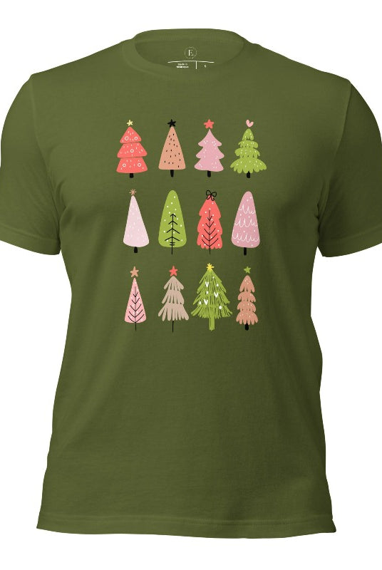 Upgrade your holiday fashion with our contemporary Christmas shirt. The shirt features three rows of multiple different modern Christmas trees in each row, creating a trendy and charming design on an olive colored shirt. 