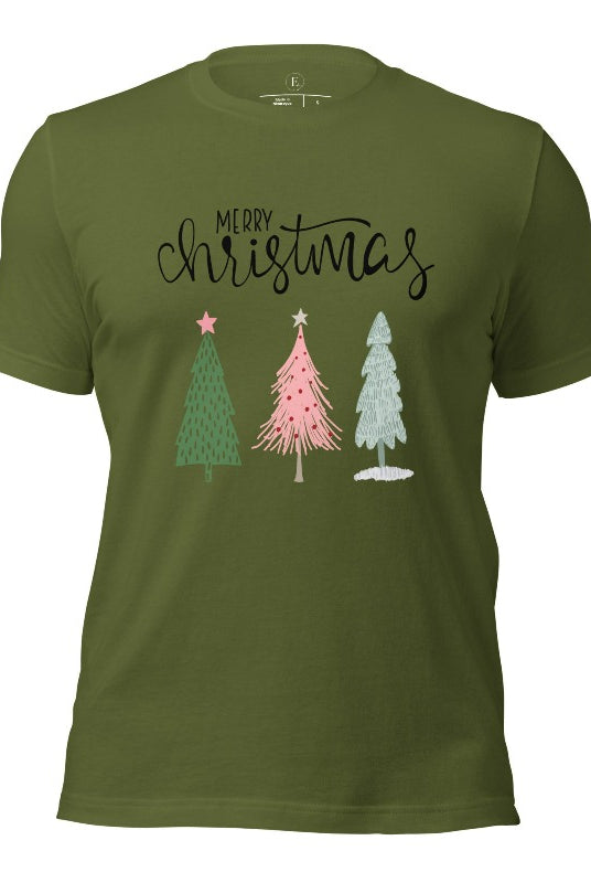 Elevate your festive wardrobe with our trendy shirt and make a chic statement this Christmas. The design features a stylish "Merry Christmas" message along with modern pink and teal Christmas trees on an olive shirt. 