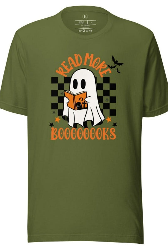 Read More Booooks is a ghost reading a book in front of a checkered background on a olive colored shirt. 