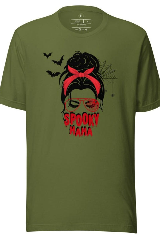 "Spooky Mama" messy bun Halloween T-shirt on olive colored t-shirt.