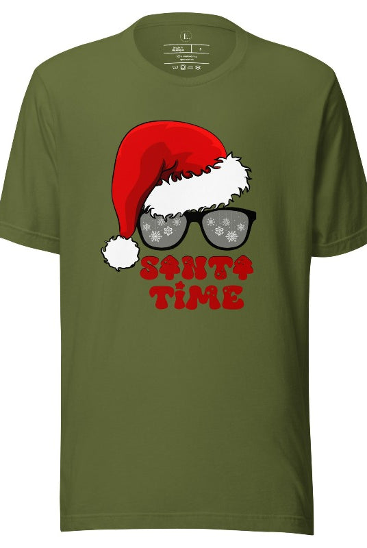 Gear up for the holiday season with our men's Christmas Shirt featuring a Santa hat, Christmas sunglasses on an olive colored shirt. 