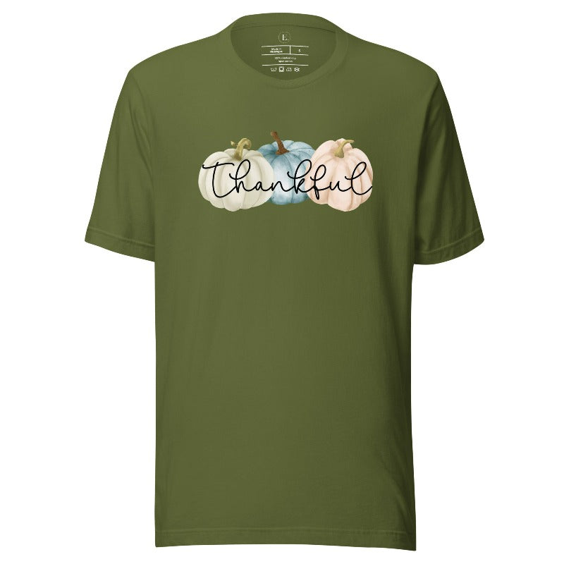 Express gratitude in style with our charming t-shirt. This design radiates autumn appreciation, featuring three pastel pumpkins and the word 'thankful' gracefully woven through the middle on an olive green shirt. 