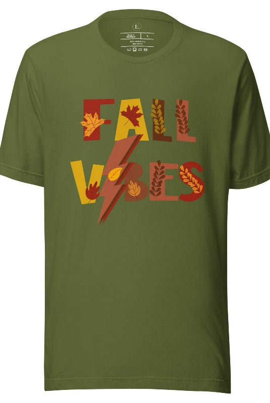 Get into the autumn spirit with our Fall Vibes shirt. Featuring the words 'Fall Vibes' with a creative twist- a lighting bolt replacing the 'I'- this shirt captures the energy of the season. Adorned with leaves, it adds a touch of nature's beauty on an olive shirt. 