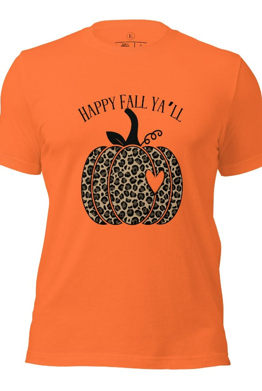 Get ready for fall with our adorable cheetah pumpkin shirt. Featuring a charming design of a cheetah pumpkin with a heart, it's the perfect blend of style and seasonal spirit. Spread the autumn cheer with the saying 'Happy Fall Ya'll' and embrace the coziness of the season on an orange shirt. 