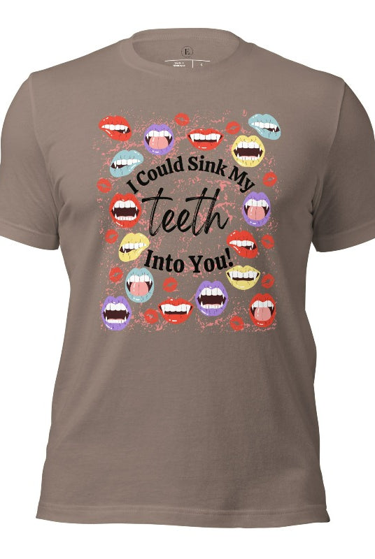 Sink your teeth into Halloween style with our vampire lips shirt. Adorned with a collection of seductive vampire lips, this shirt mesmerizes with its allure. The cheeky message, 'I could sink my teeth into you,' adds a playful twist on a pebble colored shirt. 
