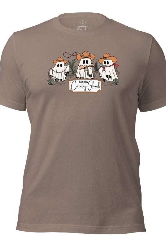 Boo-haw! Get ready for a hauntingly good time with our country ghost shirt. Featuring a spirited spectator donning cowboy hat, this shirt combines Halloween with country charm. The clever play on words, ' Country Ghouls,' adds a fun twist on a pebble colored shirt. 