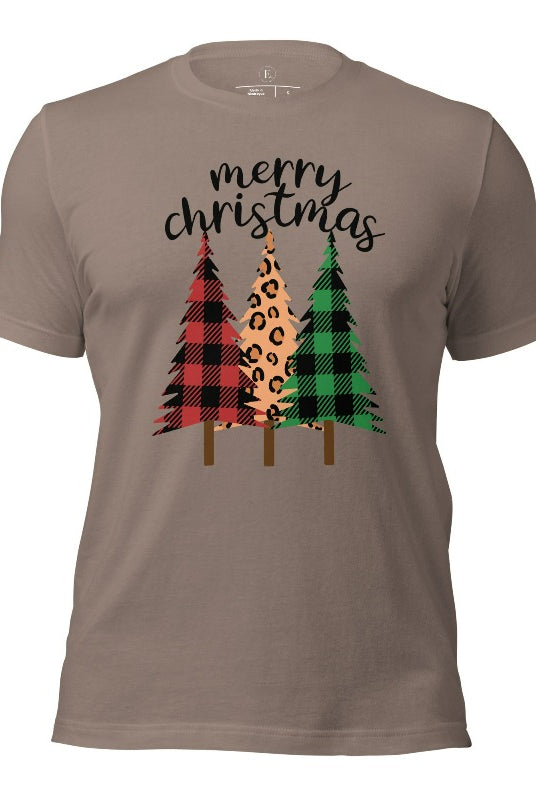 Get ready to unleash your wild side this Christmas with our unique shirt. This design is a bold and playful take on the holiday season, featuring three Christmas trees adorned with fierce cheetah print on a pebble colored shirt. 