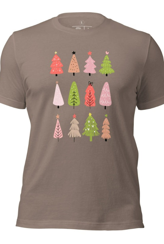 Upgrade your holiday fashion with our contemporary Christmas shirt. The shirt features three rows of multiple different modern Christmas trees in each row, creating a trendy and charming design on a  pebble colored shirt. 