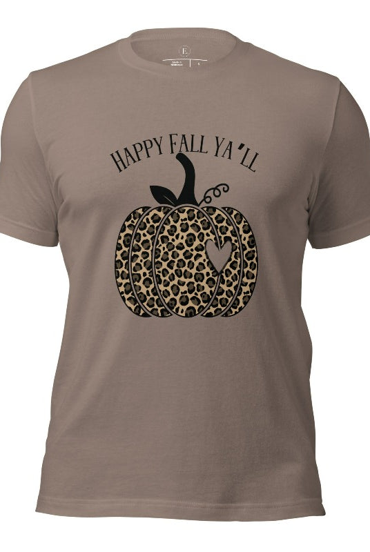 Get ready for fall with our adorable cheetah pumpkin shirt. Featuring a charming design of a cheetah pumpkin with a heart, it's the perfect blend of style and seasonal spirit. Spread the autumn cheer with the saying 'Happy Fall Ya'll' and embrace the coziness of the season on a pebble colored shirt. 