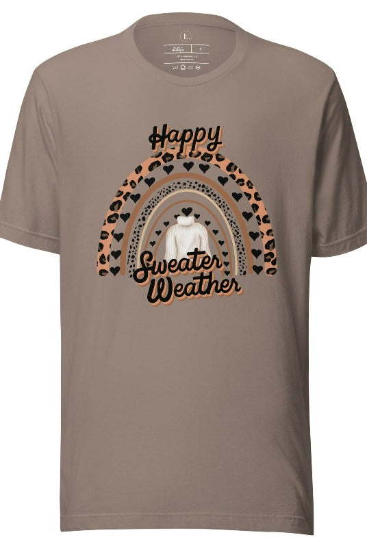 Get ready for fall in style and comfort with our vibrant "Sweater Weather" shirt, featuring a cheetah, a rainbow, and a sweater on a pebble colored shirt. 