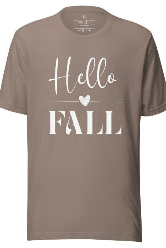 Hello Fall with heart between Hello and Fall graphic tee on a pebble colored shirt.