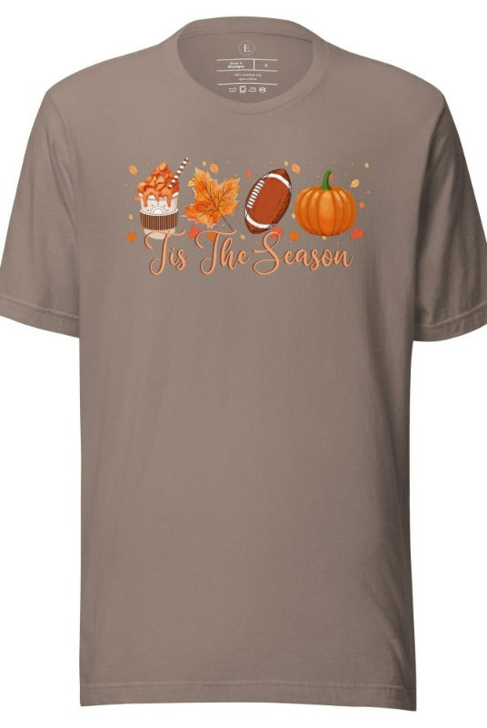 Tis the Season Fall Shirt! Fall Coffee, Fall Leaf, Football, Pumpkin on front chest of a pebble colored shirt