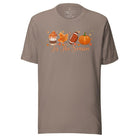 Tis the Season Fall Shirt! Fall Coffee, Fall Leaf, Football, Pumpkin on front chest of a pebble colored shirt