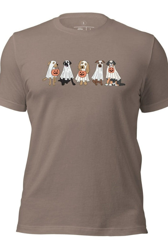 5 dogs dressed as ghost getting ready to trick or treat on a pebble colored t-shirt.