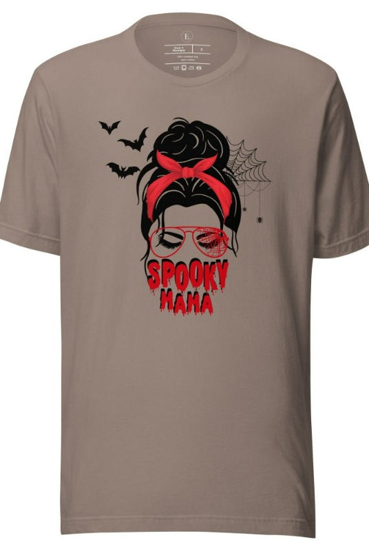 "Spooky Mama" messy bun Halloween T-shirt on pebble colored t-shirt.