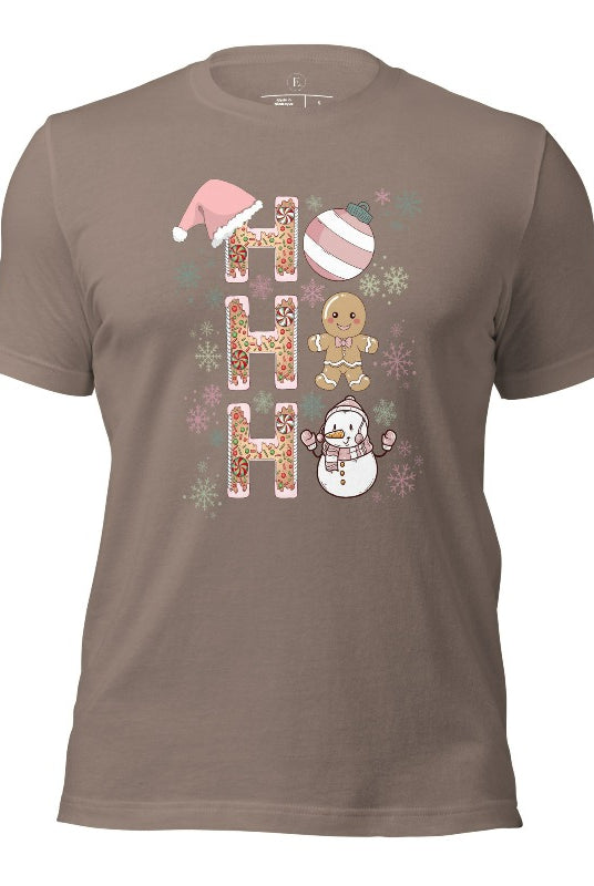 Add a whimsical touch to your holiday wardrobe with our gingerbread "Ho Ho Ho" Christmas shirt on a pebble colored shirt.