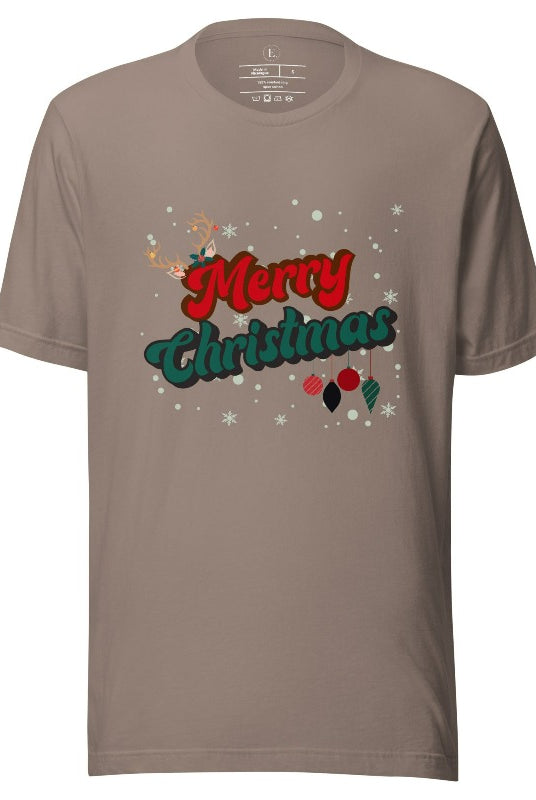 Get ready to take a trip down memory lane with our Merry Christmas retro letters shirt on a pebble colored shirt. 
