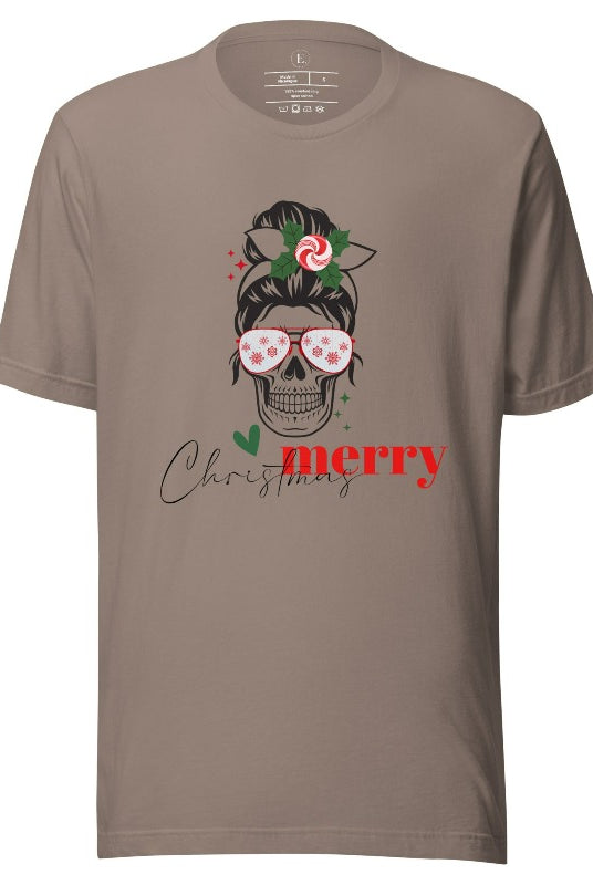 Get into the festive spirit with our Merry Christmas messy bun skull shirt design on a pebble colored shirt.