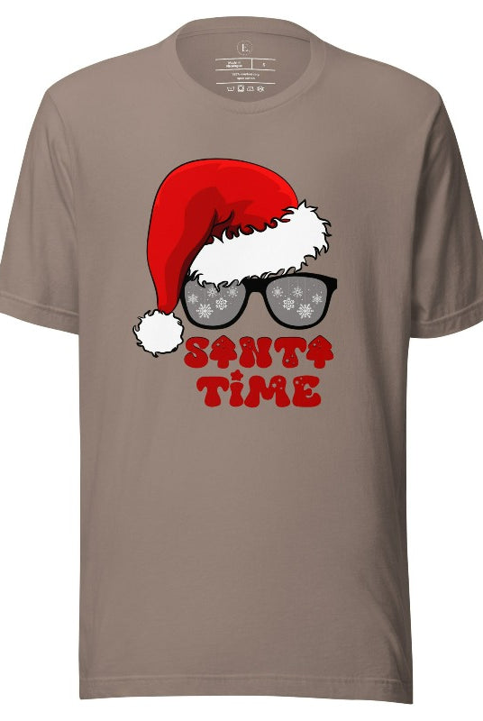 Gear up for the holiday season with our men's Christmas Shirt featuring a Santa hat, Christmas sunglasses on a pebble colored shirt. 