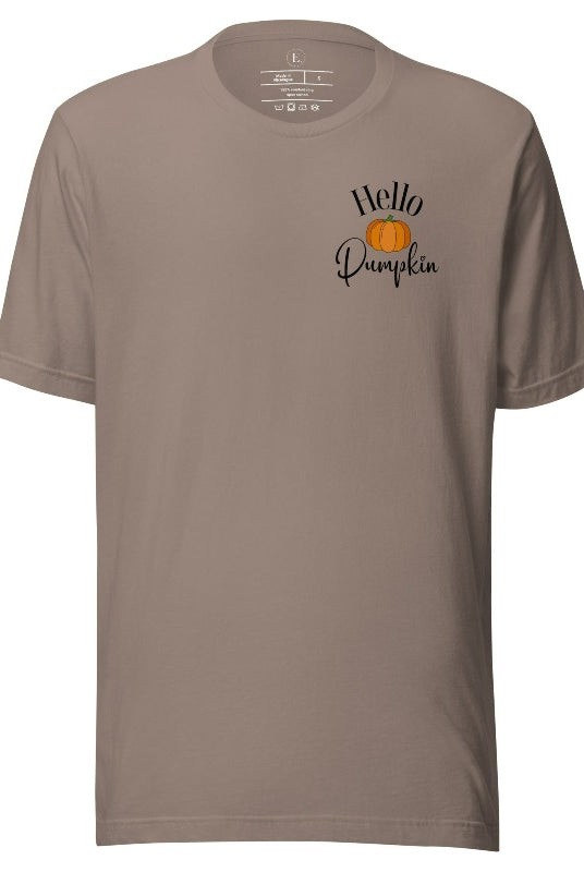 Say hello to autumn with our adorable t-shirt. It features a pumpkin on the front pocket and the playful phrase 'Hello Pumpkin,' this design captures the spirit of the season on a pebble colored shirt. 