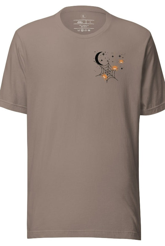 Embrace the enchanting night sky with our captivating t-shirt. Featuring a crescent moon, stars, and a spiderweb with three adorable spiders hanging down on the front pocket on a pebble colored shirt.