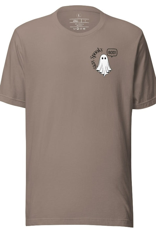 Get into the Halloween spirit with our spooktacular t-shirt. Featuring a friendly ghost holding a sign that says 'Boo' and the playful phrase "Stay Spooky"  on a pebble colored shirt. 