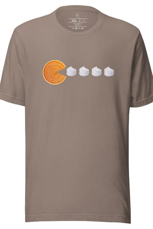 Level up your style with our playful t-shirt featuring a pumpkin pie shaped like Pac-Man devouring whipped cream swirls on a pebble colored shirt. 