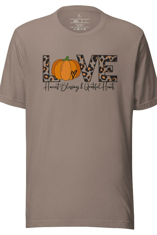 Spread love and autumn vibes with our trendy t-shirt. Featuring the word 'love' in cheetah print with a pumpkin as the 'o,' and "Harvest Blessings and Grateful Hearts' underneath on a pebble shirt. 