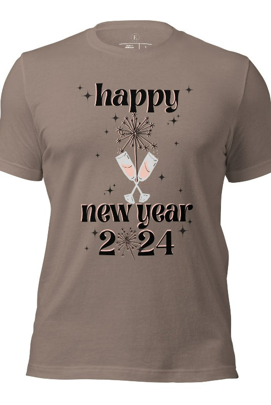 Welcome 2024 in sparkling style with our 'Happy New Year 2024' shirt. Adorned with two clinking champagne glasses amidst fireworks on a pebble shirt. 