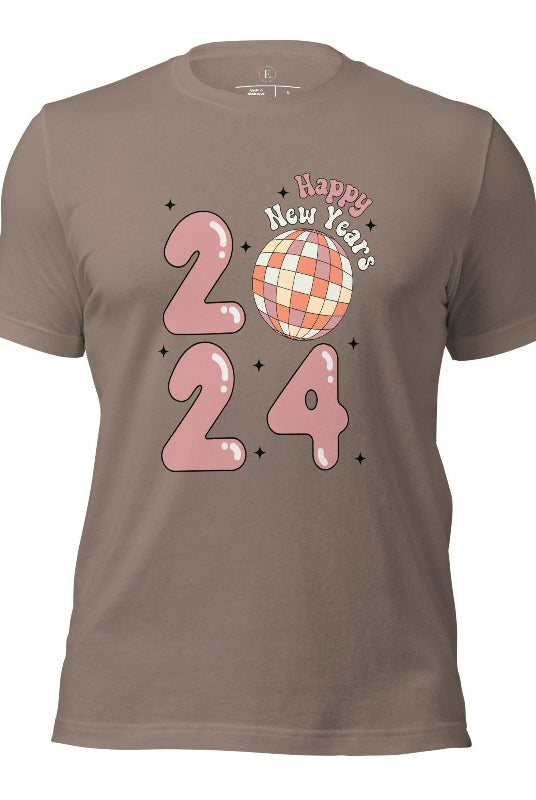 Step into the new year in dazzling style with our 'Happy New Year 2024' shirt. Featuring a shimmering disco ball as the '0' this eye catching design exudes festivity and fun on a pebble shirt. 