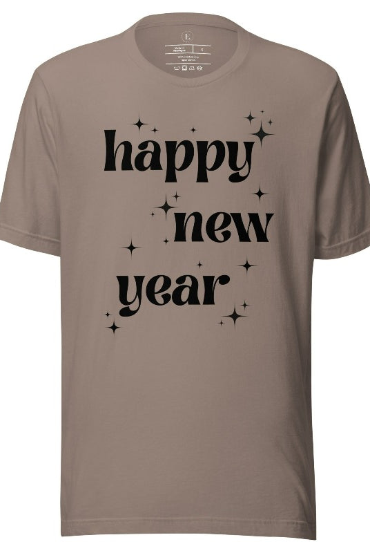 Ring in the New Year with our stunning Happy New Year shirt featuring captivating modern star designs on a pebble shirt. 
