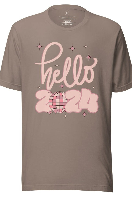 Say hello to 2024 in style with our exclusive 'Hello 2024' shirt. This sleek design captures the essence of new beginnings, on a pebble colored shirt. 