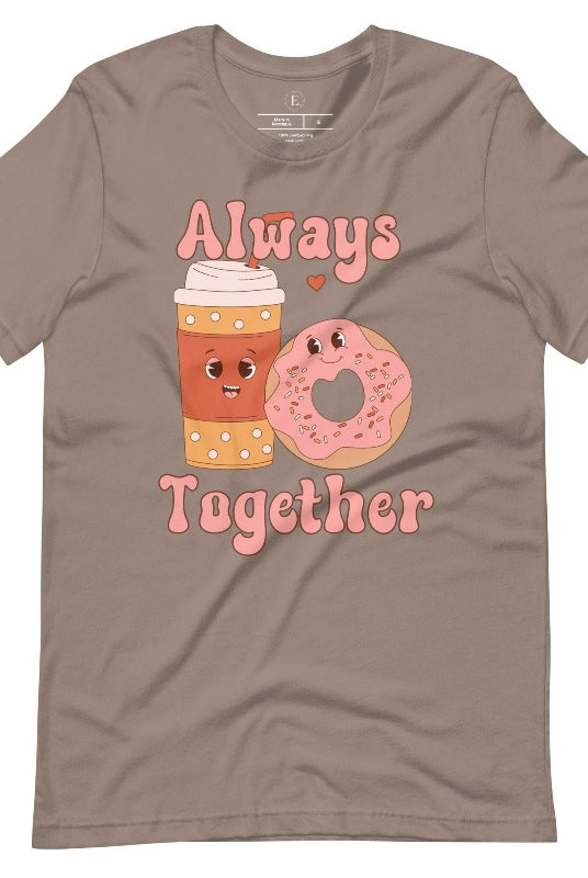 Celebrate love with our adorable Valentine's Day graphic tee! Featuring a smiling coffee cup and a cheerful donut holding hands, on a pebble shirt. 