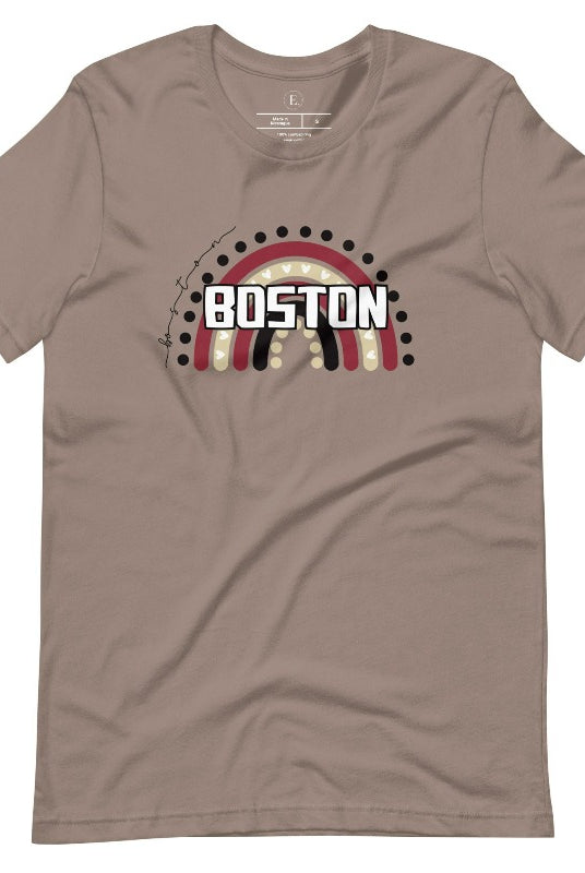 Show off your pride with this Boston College t-shirt. The iconic BC school colors stands out in this modern and trendy rainbow background, representing the school spirit. With the classic Boston wordmark across the rainbow on a pebble shirt. 