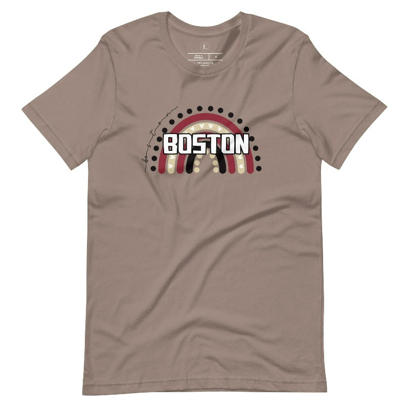 Show off your pride with this Boston College t-shirt. The iconic BC school colors stands out in this modern and trendy rainbow background, representing the school spirit. With the classic Boston wordmark across the rainbow on a pebble shirt. 