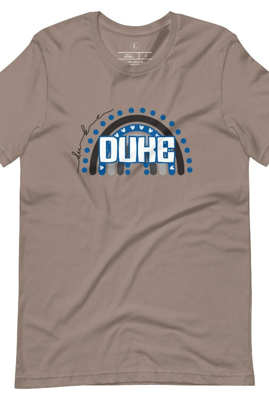 Celebrate diversity and show your support for Duke University with our eye-catching college t-shirt. Our shirt features the Duke colors on a captivating rainbow design, embodying the spirit of inclusion and unity with the iconic Duke wordmark atop the rainbow on a pebble shirt. 