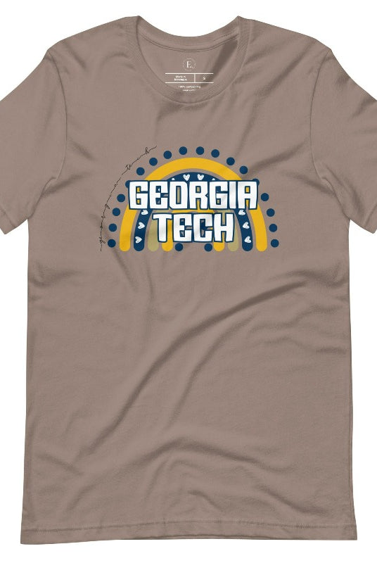 Elevate your Georgia Tech pride with this boho-inspired university t-shirt. The Georgia Tech colors shine through on a vibrant rainbow background, showcasing the school's name in a trendy and unique way on a pebble shirt. 